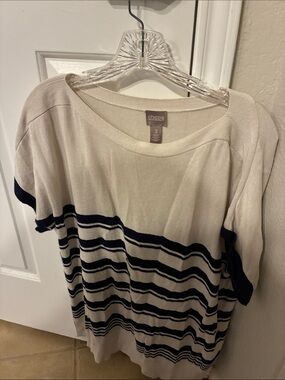 Chico's Cream and Navy Striped Knit Top